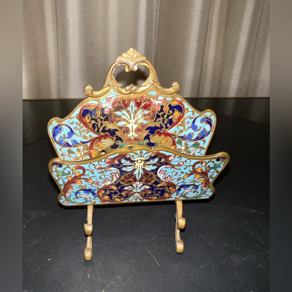 Antique bronze and enamel letter holder.